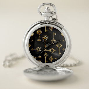 Seamless Pattern with Golden Keys Pocket Watch