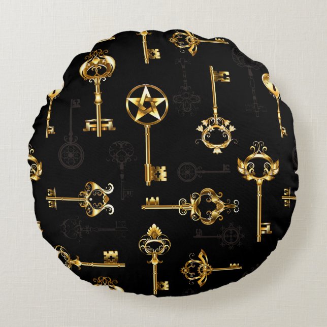 Seamless Pattern with Golden Keys Round Pillow (Front)