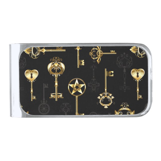 Seamless Pattern with Golden Keys Silver Finish Money Clip (Front)