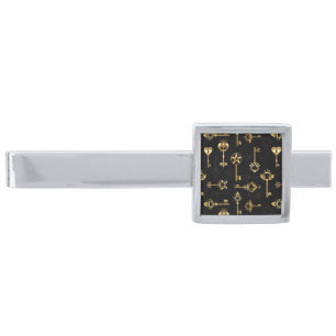 Seamless Pattern with Golden Keys Silver Finish Tie Bar