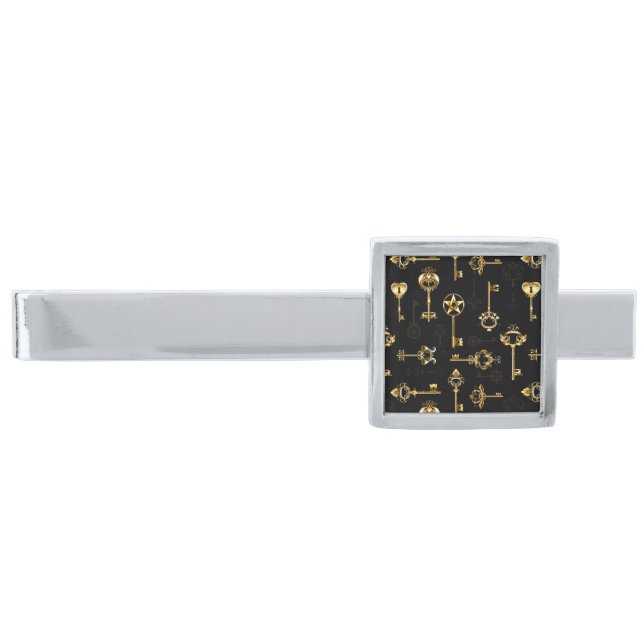 Seamless Pattern with Golden Keys Silver Finish Tie Bar (Front)