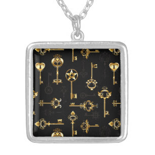 Seamless Pattern with Golden Keys Silver Plated Necklace