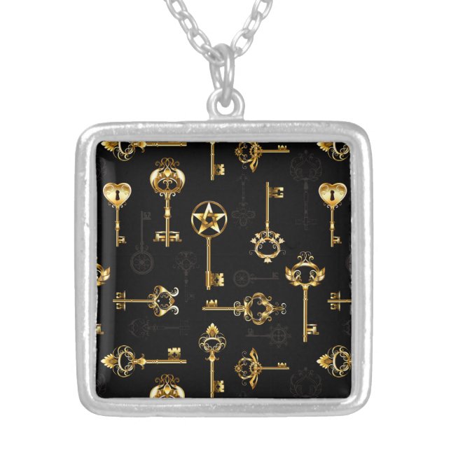 Seamless Pattern with Golden Keys Silver Plated Necklace (Front)