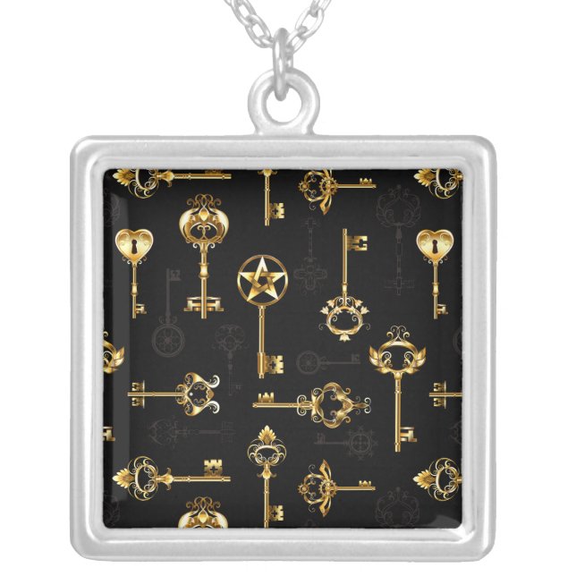 Seamless Pattern with Golden Keys Silver Plated Necklace (Front)