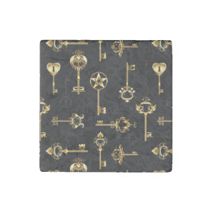 Seamless Pattern with Golden Keys Stone Magnet