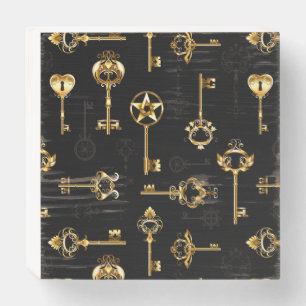 Seamless Pattern with Golden Keys Wooden Box Sign