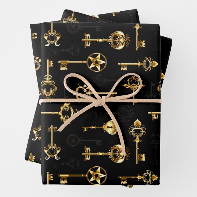 Seamless Pattern with Golden Keys Wrapping Paper Sheets (In situ)