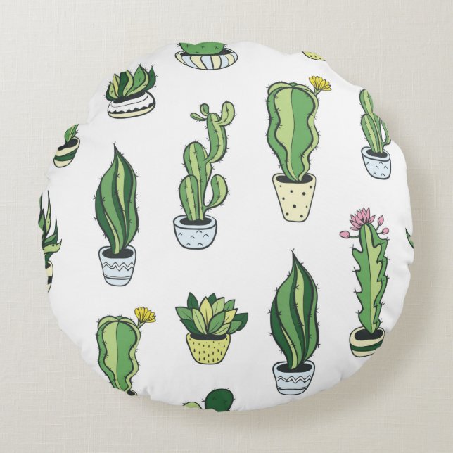 Seamless pattern with green cactus and succulents  round pillow (Front)