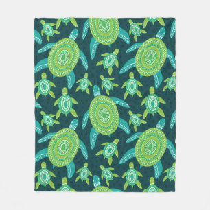 Seamless pattern with green ornament turtles. Sea Fleece Blanket