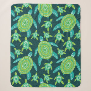 Seamless pattern with green ornament turtles. Sea Sherpa Blanket