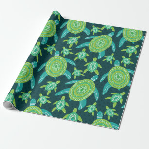 Seamless pattern with green ornament turtles. Sea Wrapping Paper