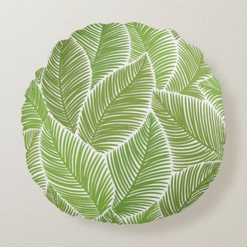 Seamless pattern with green palm leaves round pillow