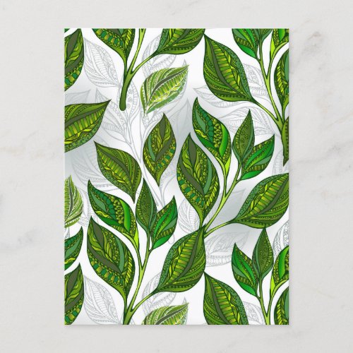 Seamless Pattern with Green Tea Leaves Announcement Postcard