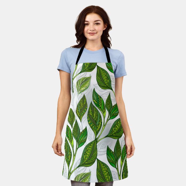 Seamless Pattern with Green Tea Leaves Apron (Worn)