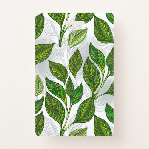 Seamless Pattern with Green Tea Leaves Badge