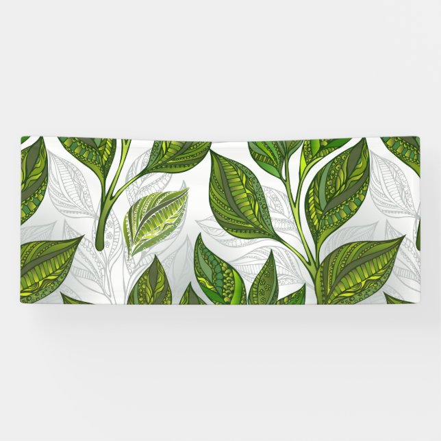 Seamless Pattern with Green Tea Leaves Banner (Horizontal)