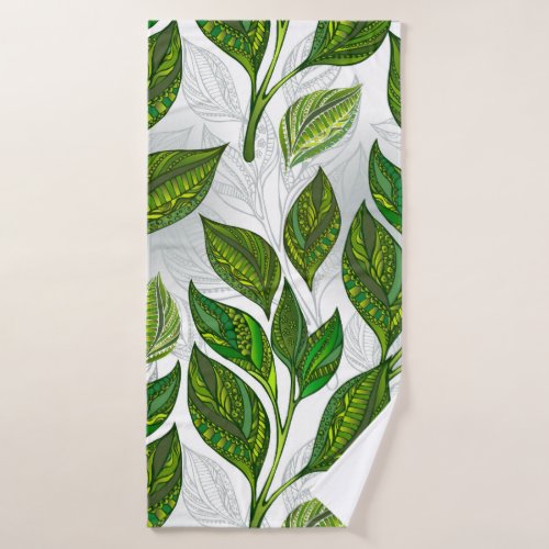 Seamless Pattern with Green Tea Leaves Bath Towel