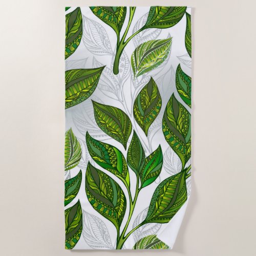 Seamless Pattern with Green Tea Leaves Beach Towel