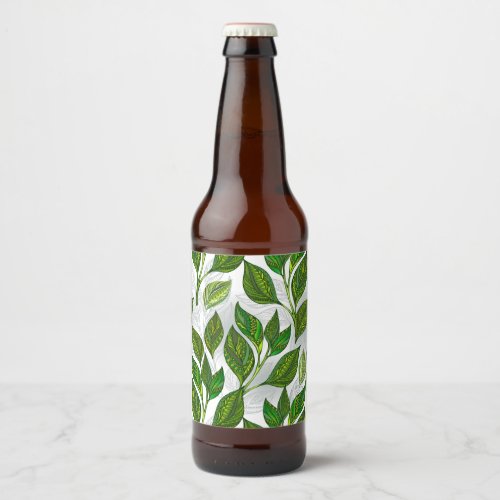 Seamless Pattern with Green Tea Leaves Beer Bottle Label