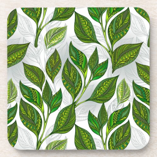 Seamless Pattern with Green Tea Leaves Beverage Coaster
