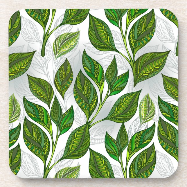 Seamless Pattern with Green Tea Leaves Beverage Coaster (Front)