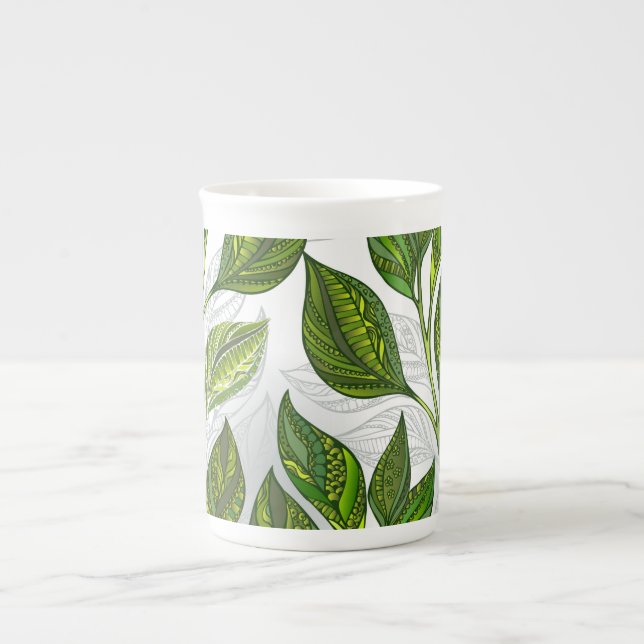 Seamless Pattern with Green Tea Leaves Bone China Mug (Front)