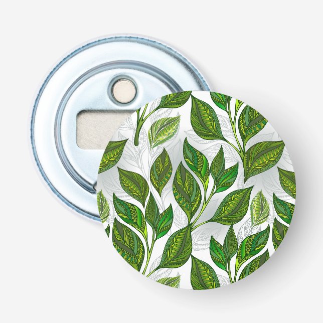 Seamless Pattern with Green Tea Leaves Bottle Opener (Front)