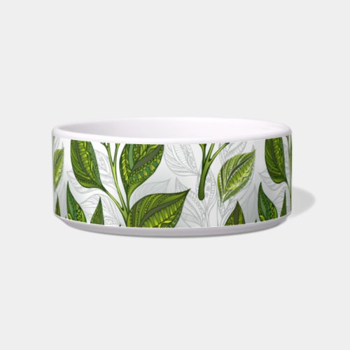 Seamless Pattern with Green Tea Leaves Bowl