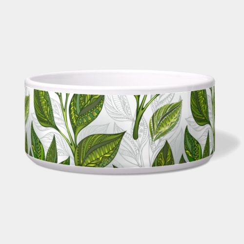 Seamless Pattern with Green Tea Leaves Bowl