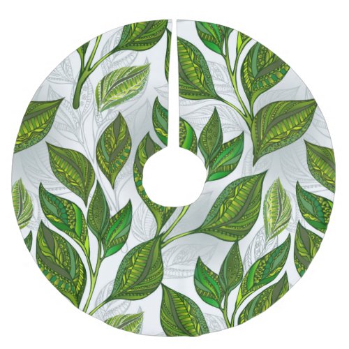Seamless Pattern with Green Tea Leaves Brushed Polyester Tree Skirt