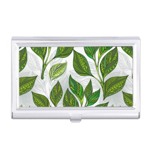 Seamless Pattern with Green Tea Leaves Business Card Case