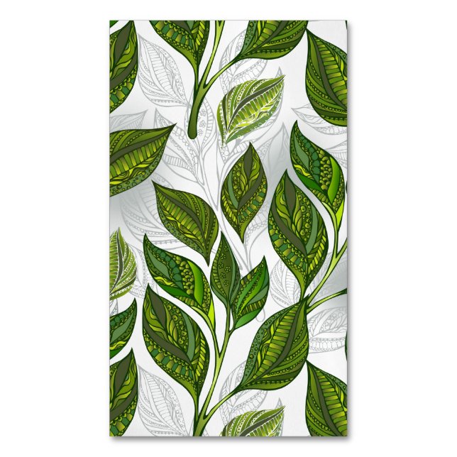 Seamless Pattern with Green Tea Leaves Business Card Magnet (Front Vertical)
