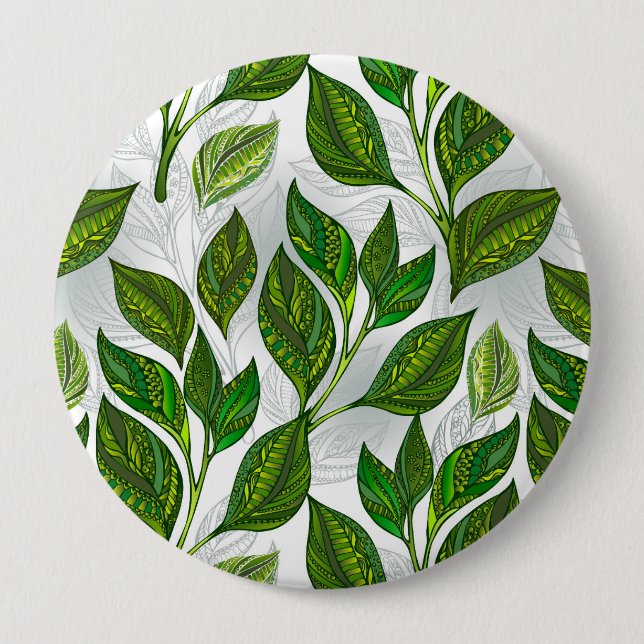 Seamless Pattern with Green Tea Leaves Button (Front)
