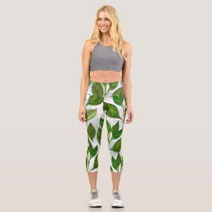 Seamless Pattern with Green Tea Leaves Capri Leggings