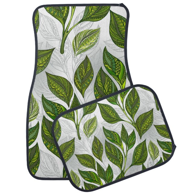Seamless Pattern with Green Tea Leaves Car Floor Mat (Set)