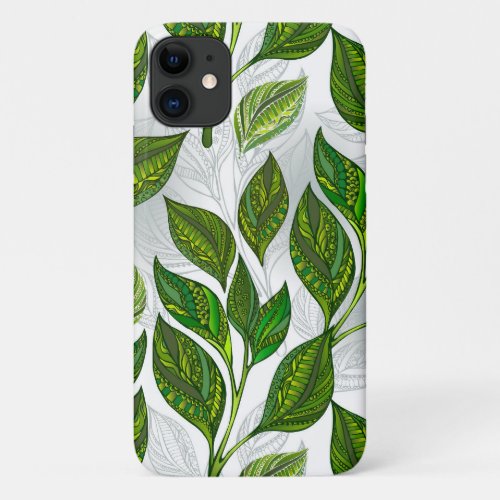 Seamless Pattern with Green Tea Leaves iPhone 11 Case