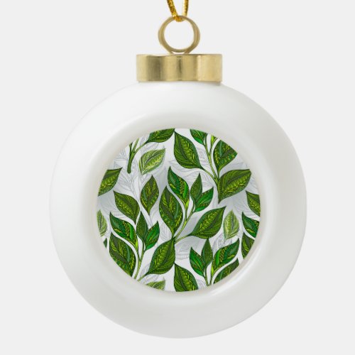 Seamless Pattern with Green Tea Leaves Ceramic Ball Christmas Ornament