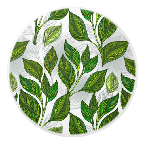 Seamless Pattern with Green Tea Leaves Ceramic Knob