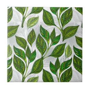 Seamless Pattern with Green Tea Leaves Ceramic Tile