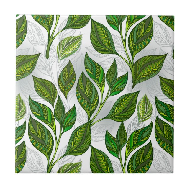 Seamless Pattern with Green Tea Leaves Ceramic Tile (Front)