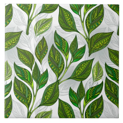 Seamless Pattern with Green Tea Leaves Ceramic Tile