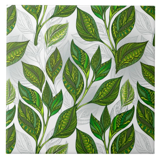 Seamless Pattern with Green Tea Leaves Ceramic Tile (Front)