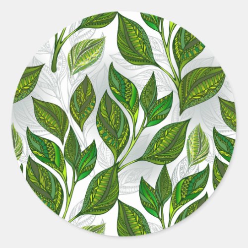 Seamless Pattern with Green Tea Leaves Classic Round Sticker