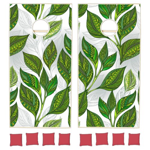 Seamless Pattern with Green Tea Leaves Cornhole Set