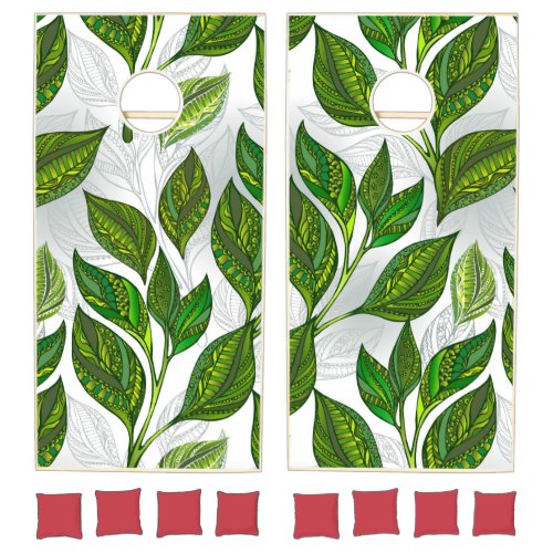 Seamless Pattern with Green Tea Leaves Cornhole Set