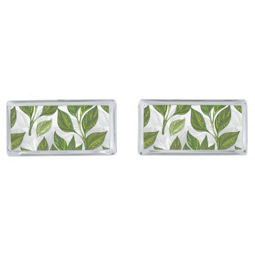 Seamless Pattern with Green Tea Leaves Cufflinks
