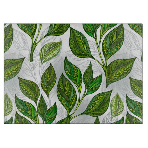 Seamless Pattern with Green Tea Leaves Cutting Board