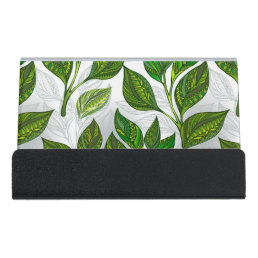 Seamless Pattern with Green Tea Leaves Desk Business Card Holder