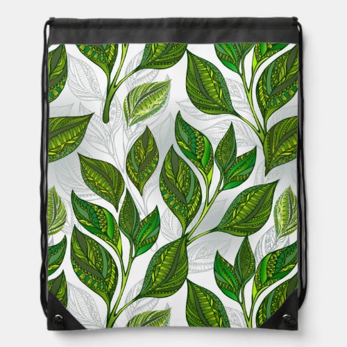 Seamless Pattern with Green Tea Leaves Drawstring Bag
