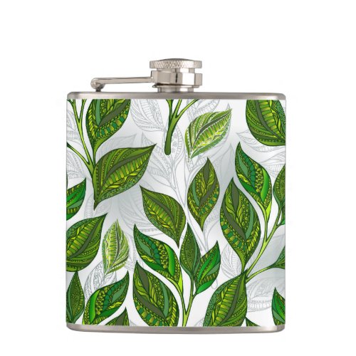 Seamless Pattern with Green Tea Leaves Flask